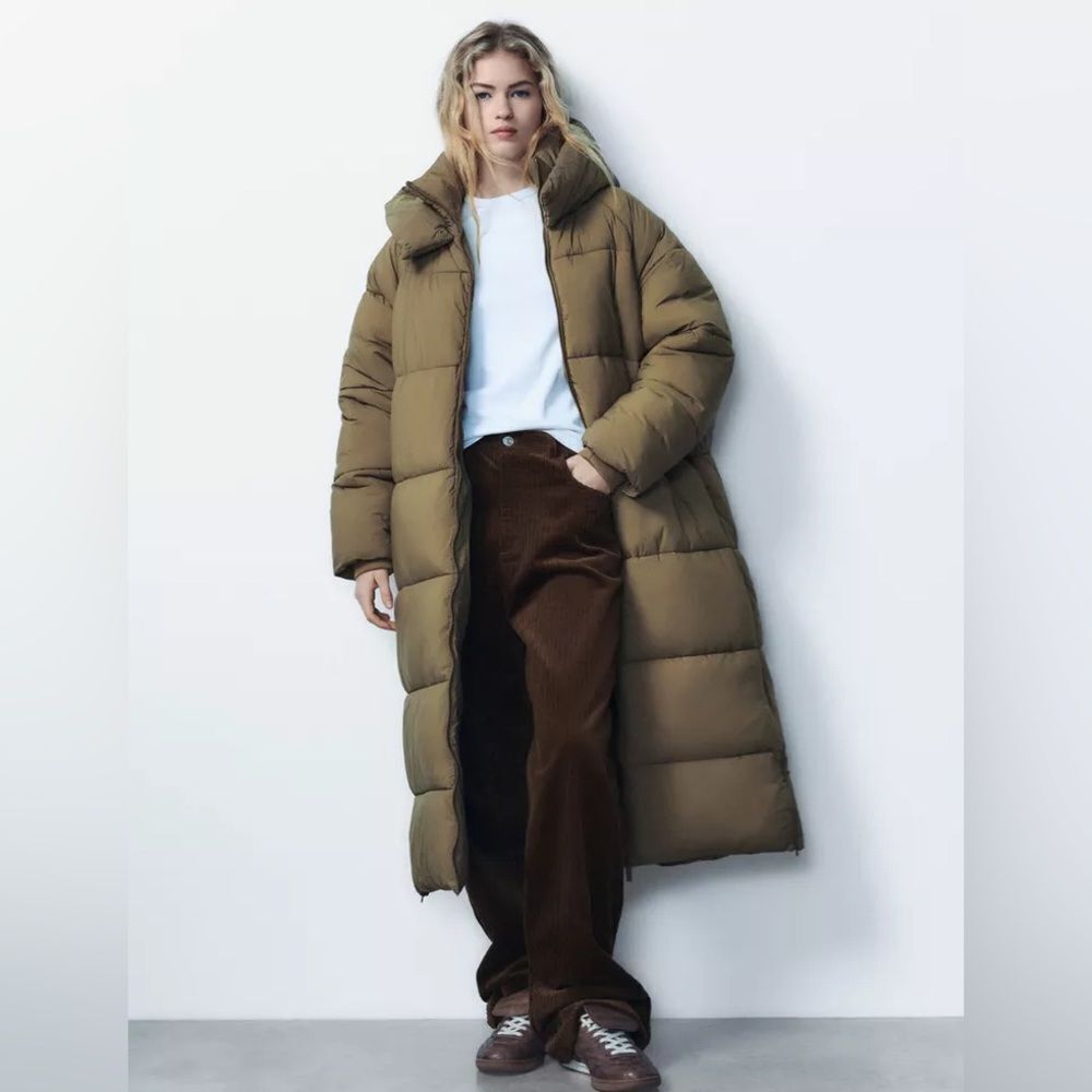 NWT Zara Olive Quilted Long Puffer Coat